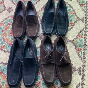 4 Pair ofTods Men’s Loafers both brown and black sizes 9 and 9.5